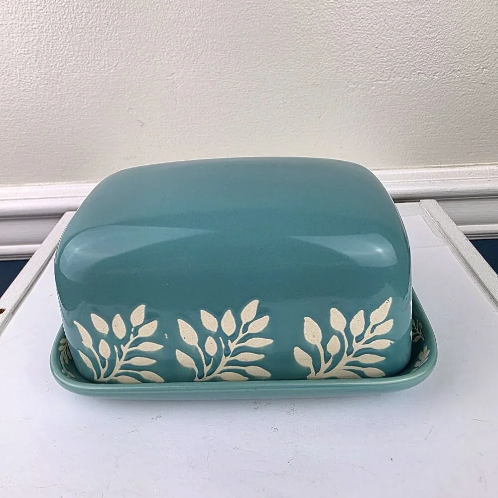 Catherine Malandrino Teal Stoneware Cheese Butter Dish
